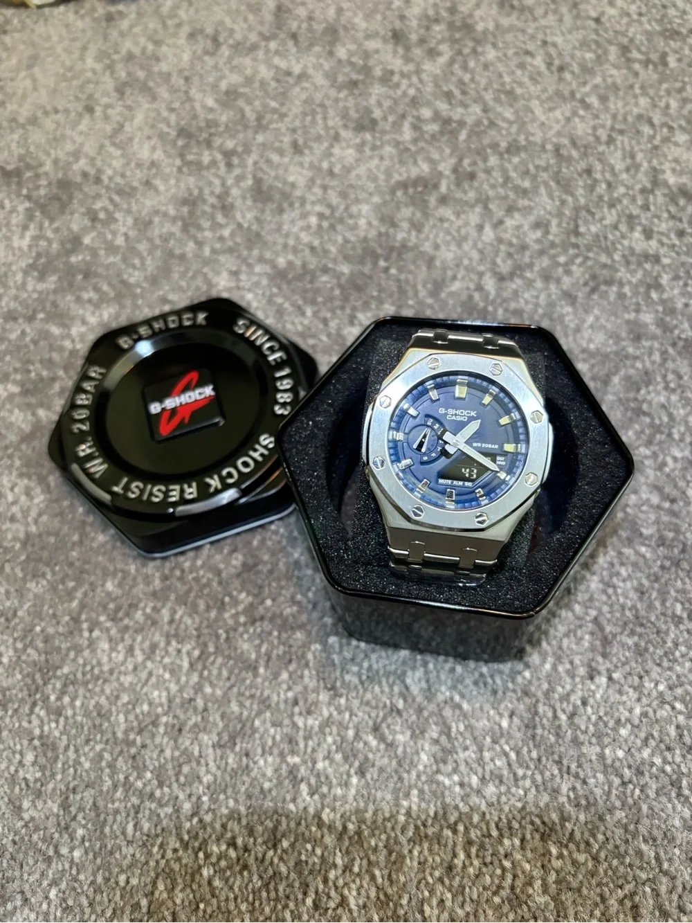 G-Shock Men's Silver Stainless Steel Watch with Blue Dial